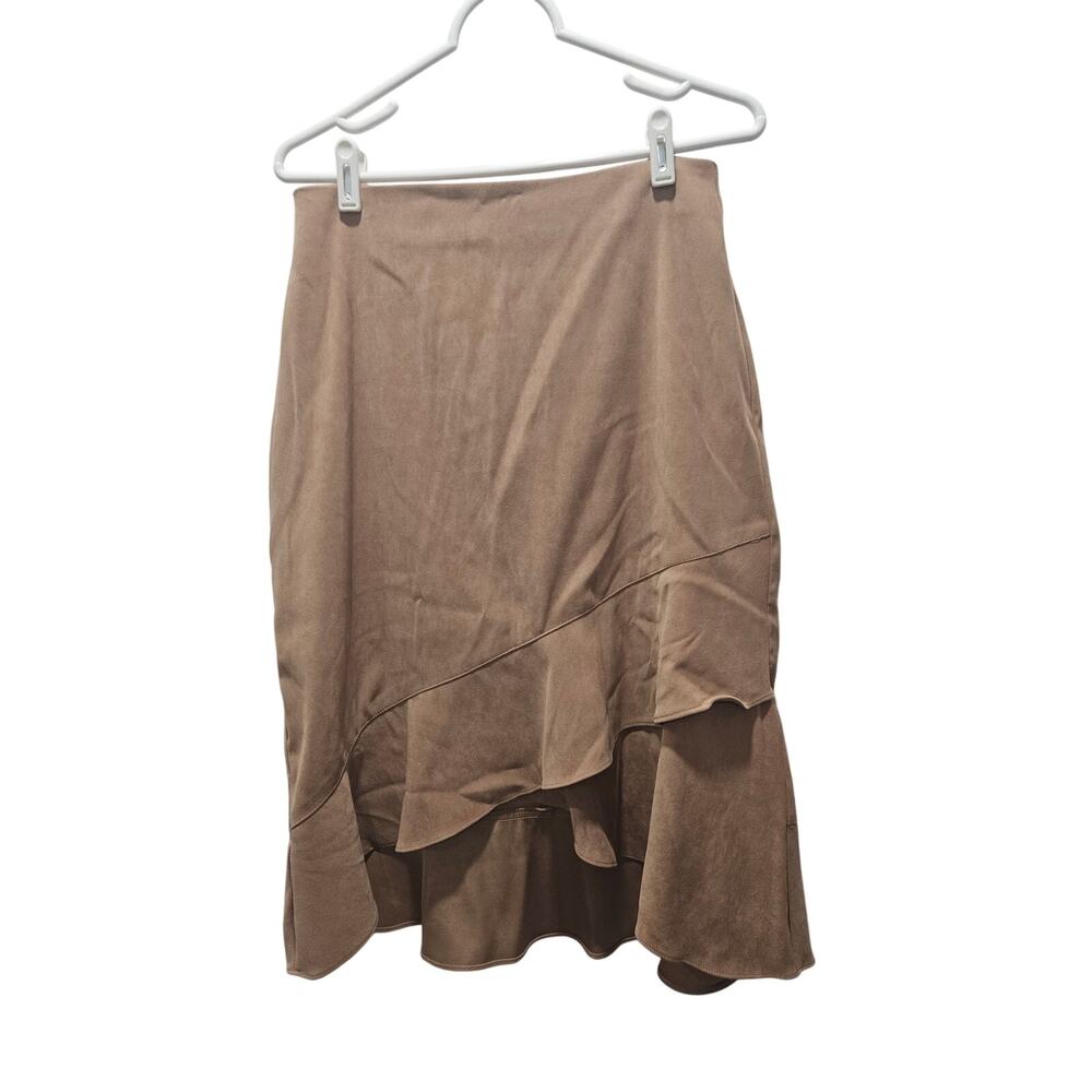 Vintage Giorgio Fiorlini Faux Suede Wrap Midi Skirt Ruffle Hem Tan 10